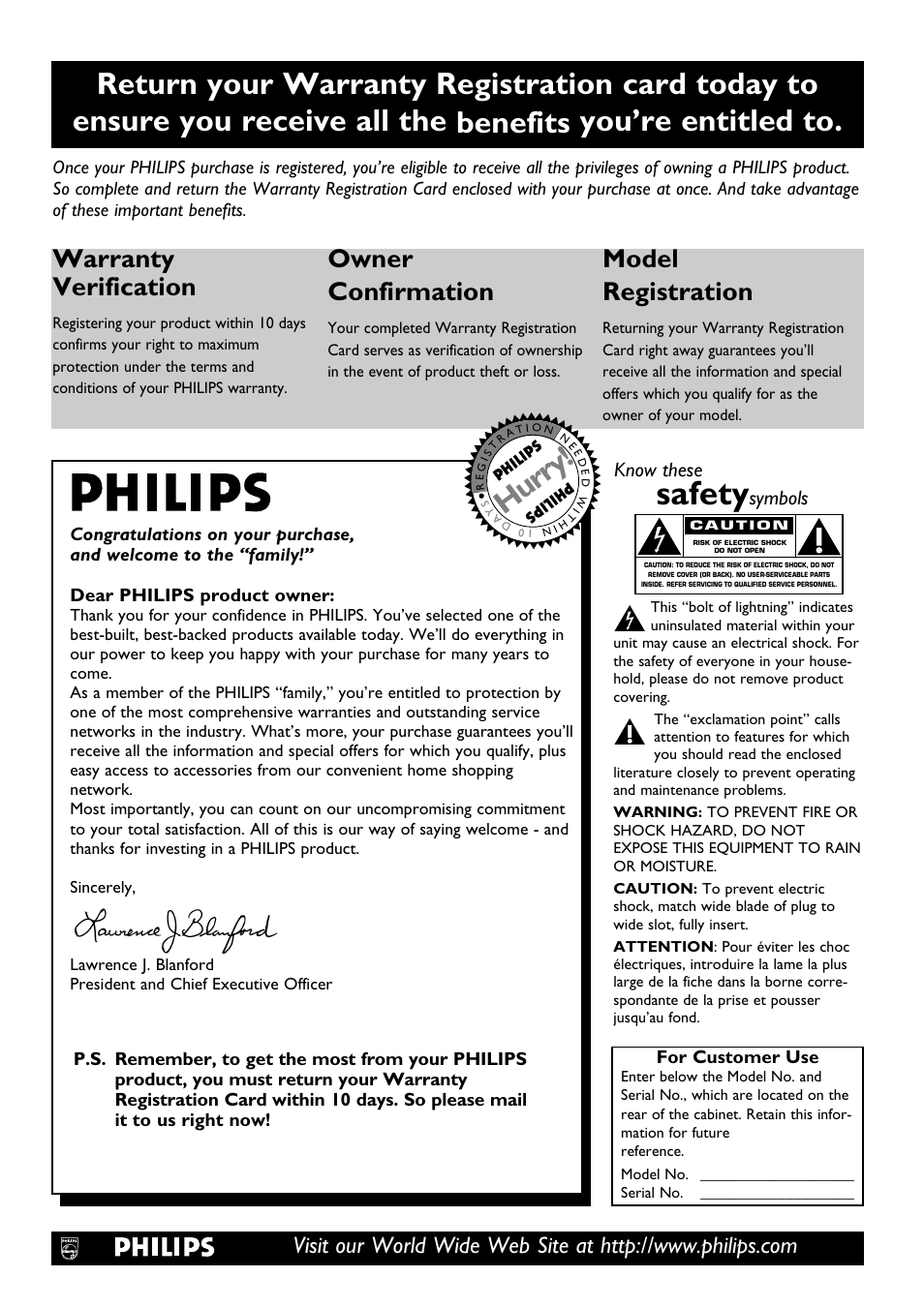 Safety, Hurry, Warranty verification | Owner confirmation, Model registration, Know these, Symbols | Philips DVD615AT98 User Manual | Page 2 / 48