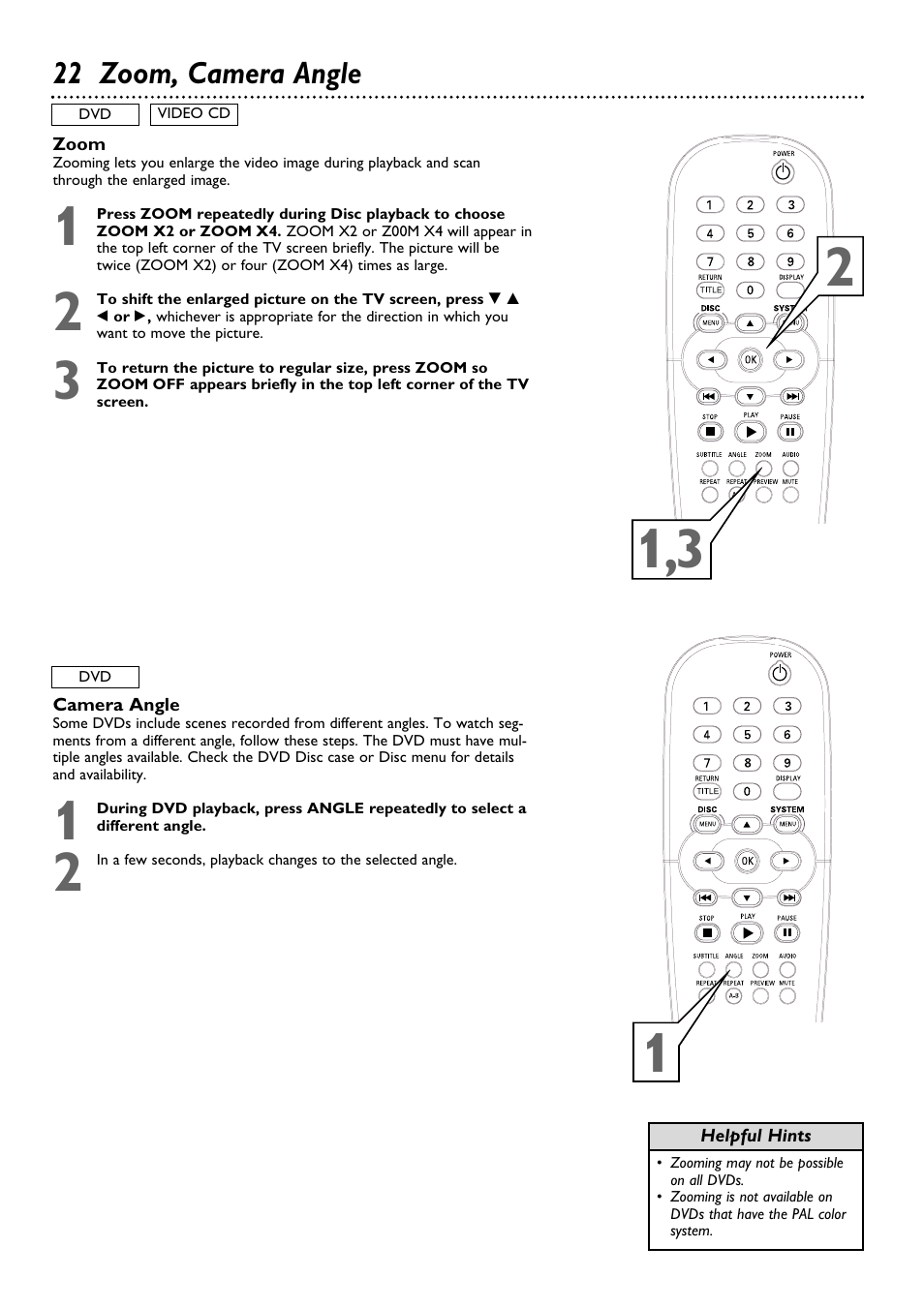 22 zoom, camera angle | Philips DVD615AT98 User Manual | Page 22 / 48