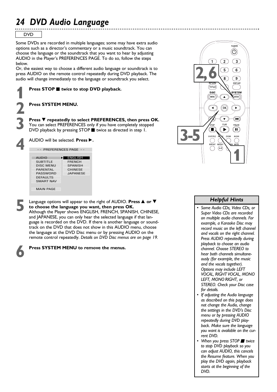 24 dvd audio language | Philips DVD615AT98 User Manual | Page 24 / 48