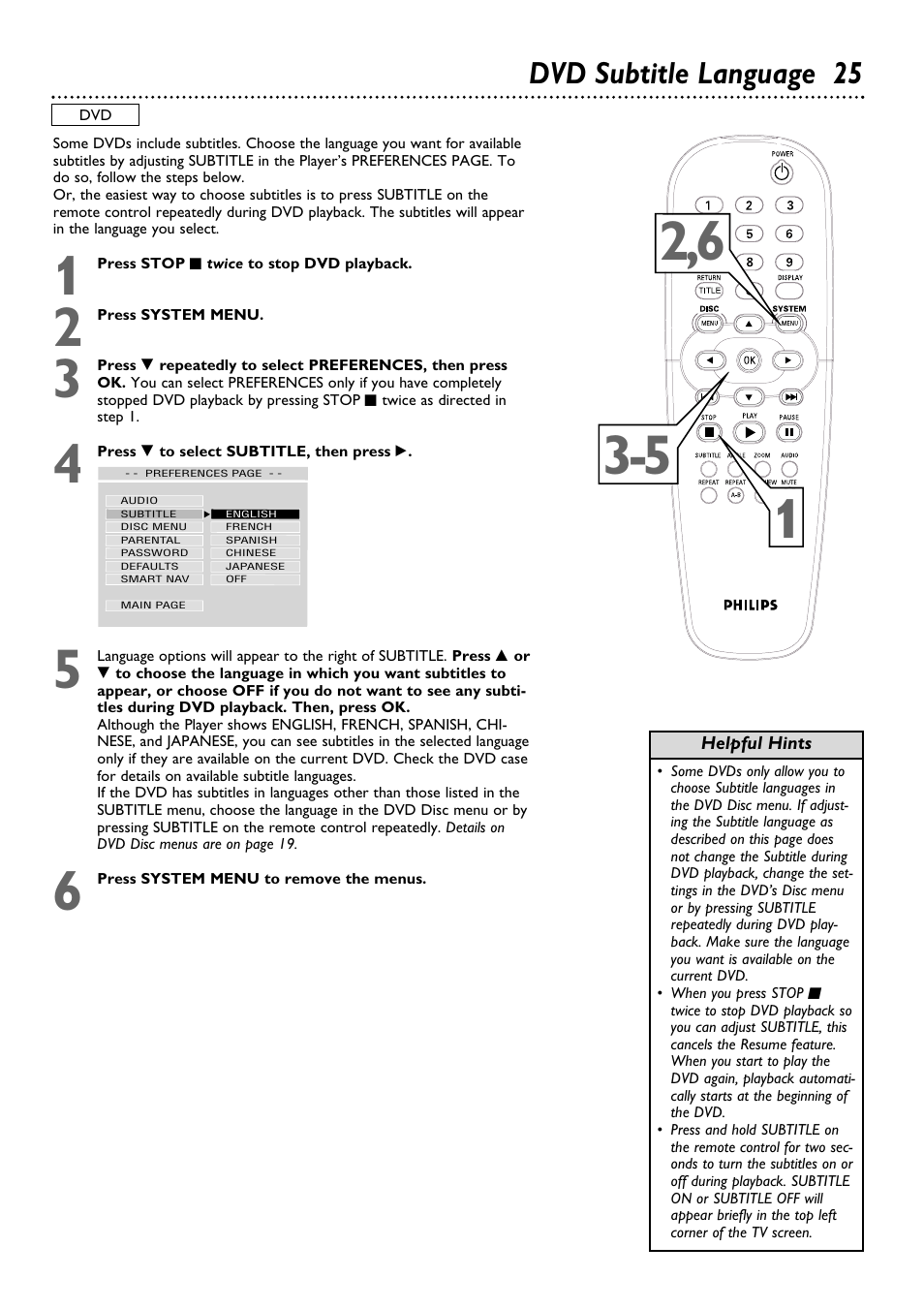 Dvd subtitle language 25 | Philips DVD615AT98 User Manual | Page 25 / 48