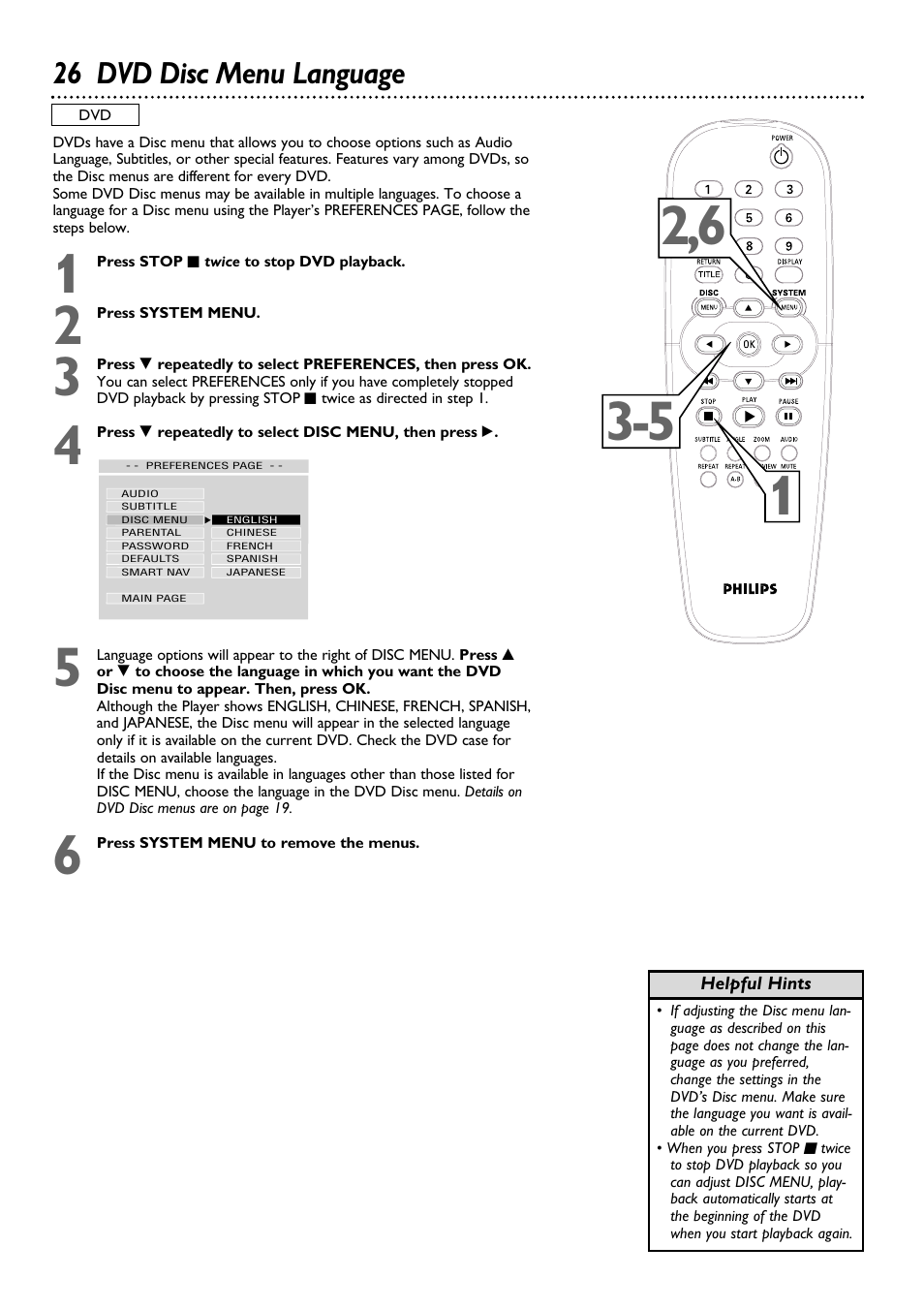 26 dvd disc menu language | Philips DVD615AT98 User Manual | Page 26 / 48