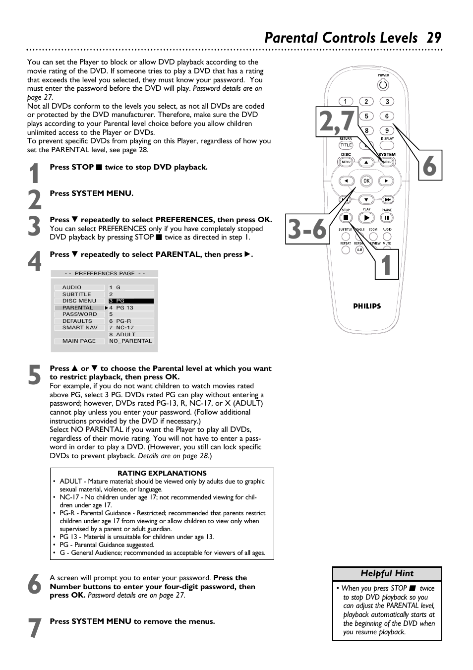 Parental controls levels 29 | Philips DVD615AT98 User Manual | Page 29 / 48