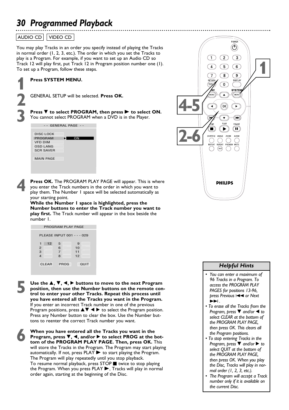 30 programmed playback | Philips DVD615AT98 User Manual | Page 30 / 48