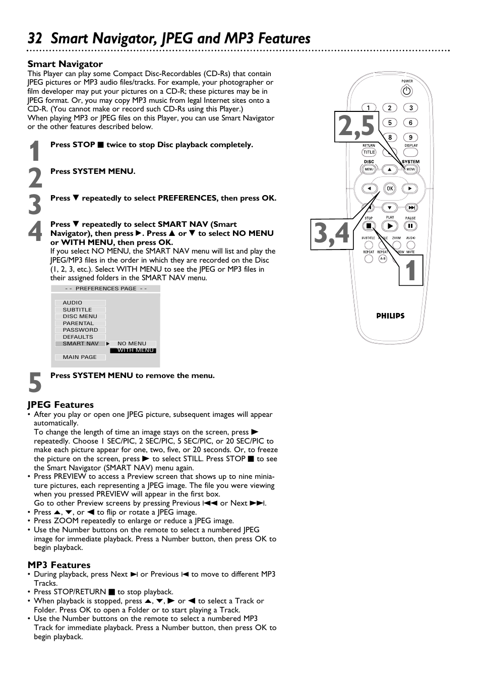 32 smart navigator, jpeg and mp3 features | Philips DVD615AT98 User Manual | Page 32 / 48