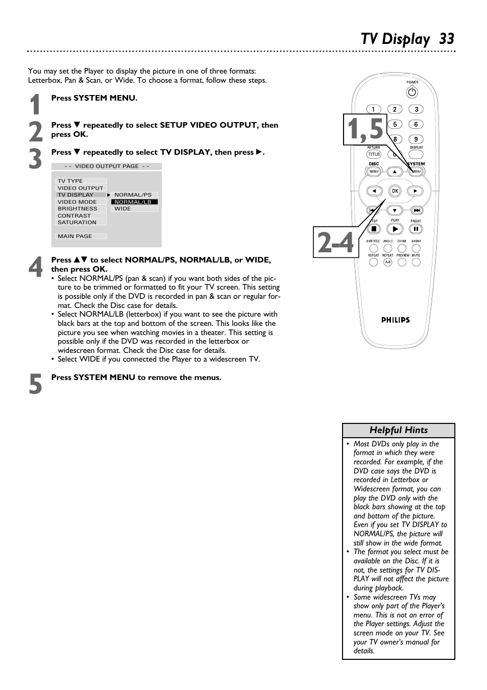 Tv display 33 | Philips DVD615AT98 User Manual | Page 33 / 48