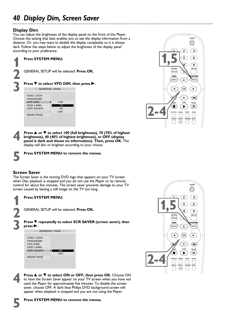 40 display dim, screen saver | Philips DVD615AT98 User Manual | Page 40 / 48