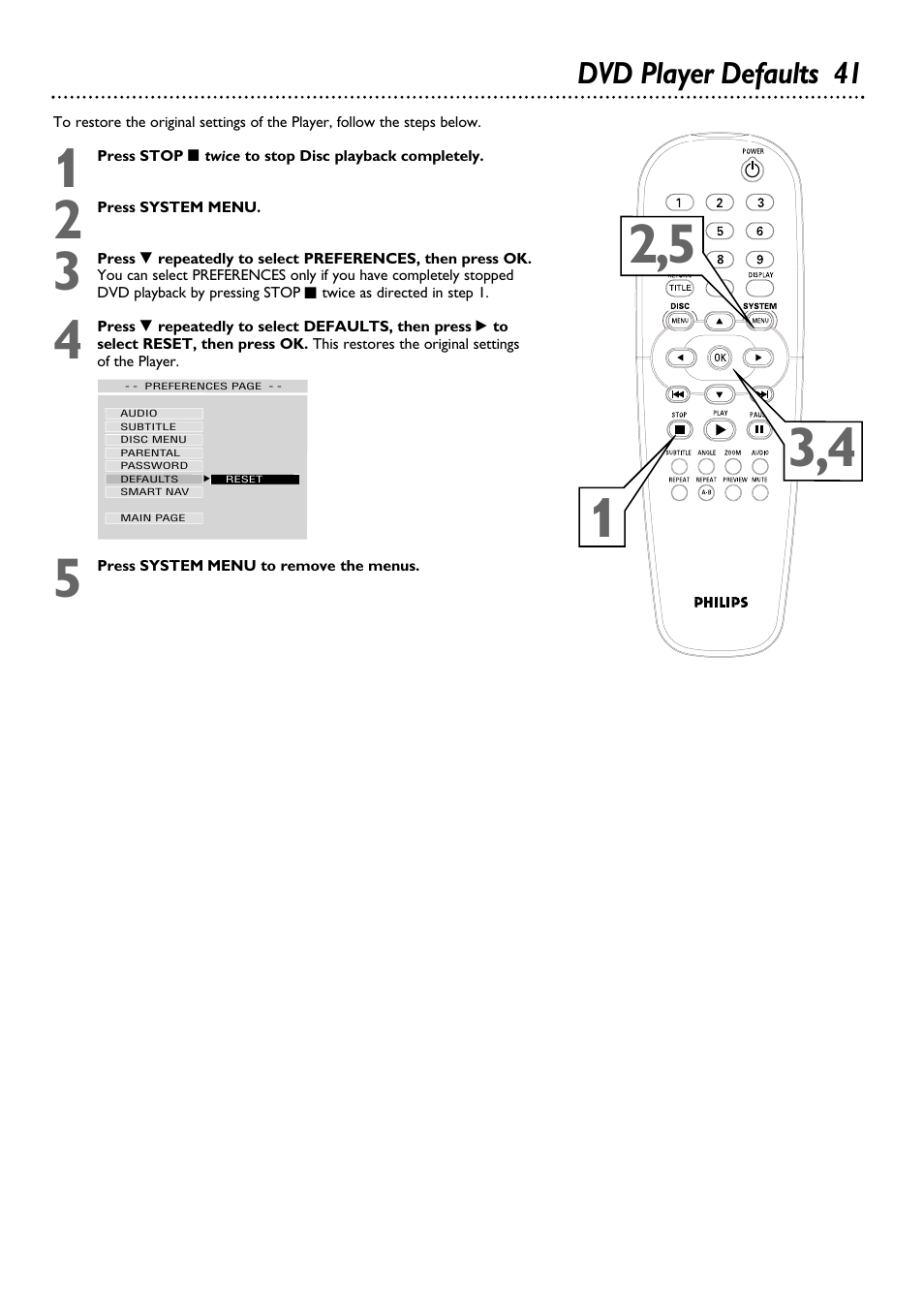 Dvd player defaults 41 | Philips DVD615AT98 User Manual | Page 41 / 48