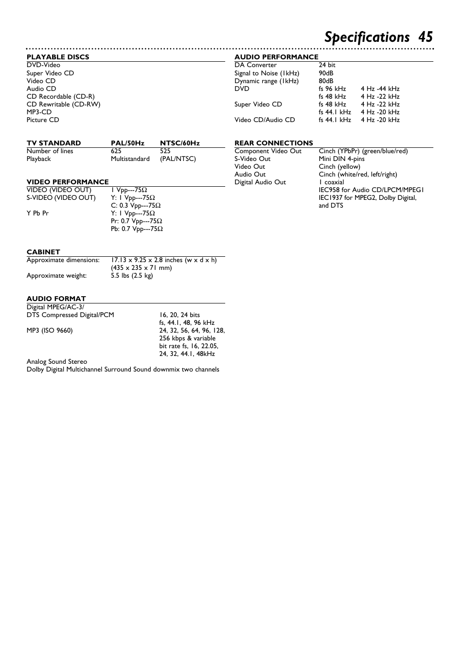 Specifications 45 | Philips DVD615AT98 User Manual | Page 45 / 48