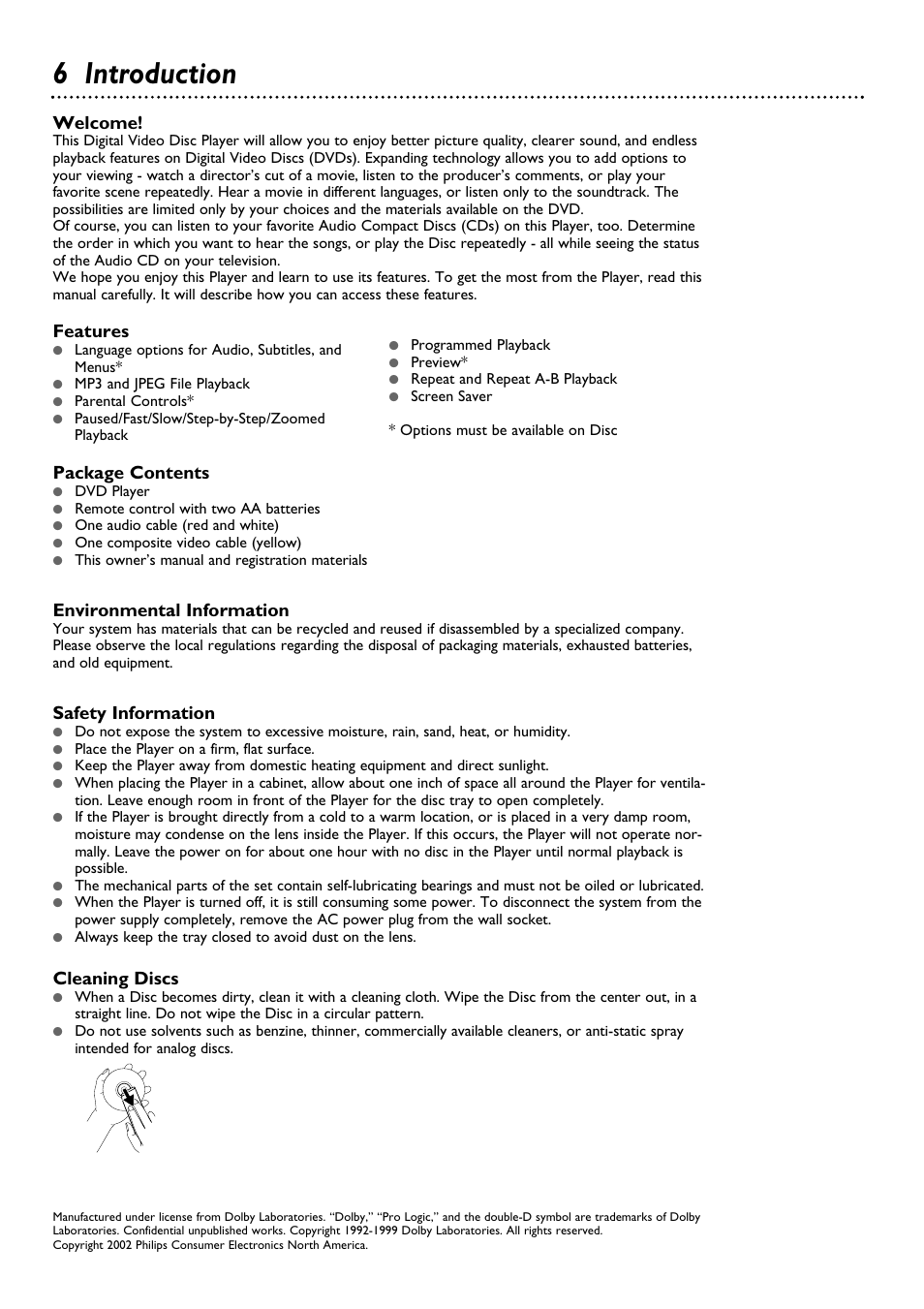 6 introduction, Welcome, Package contents | Environmental information, Safety information, Cleaning discs, Features | Philips DVD615AT98 User Manual | Page 6 / 48