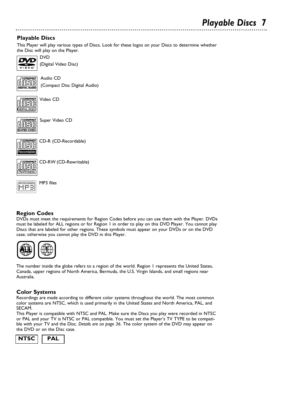 Playable discs 7 | Philips DVD615AT98 User Manual | Page 7 / 48