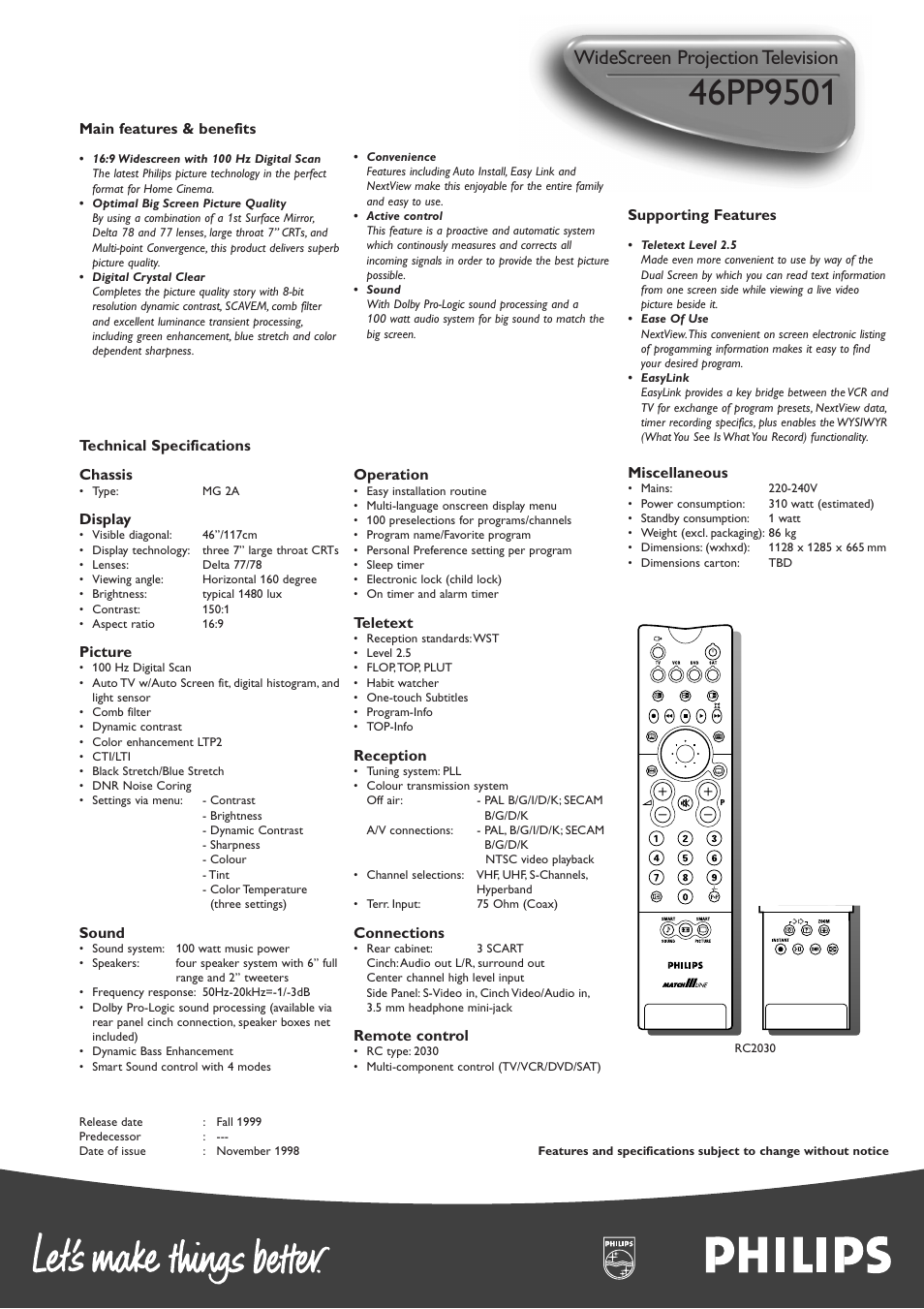 Widescreen projection television | Philips Matchline 46PP9501 User Manual | Page 2 / 2