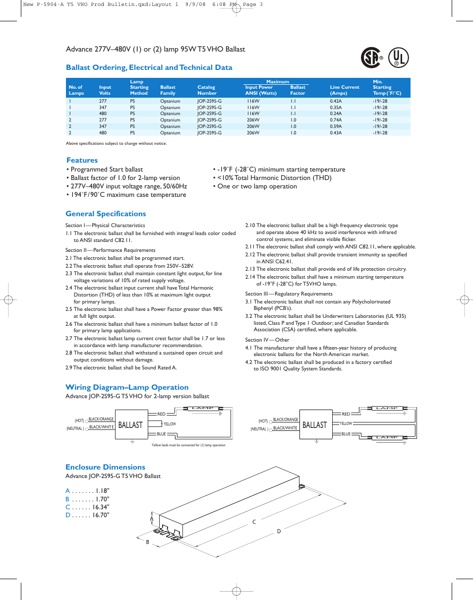 Ballast, Wiring diagram–lamp operation, Features | General specifications, Enclosure dimensions | Philips HO User Manual | Page 3 / 4