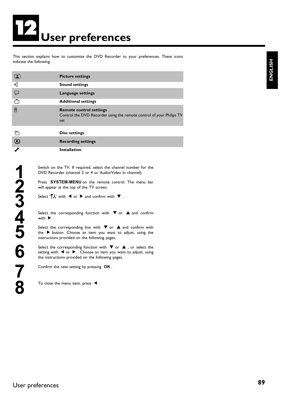 User preferences | Philips DVDR3370H User Manual | Page 101 / 122