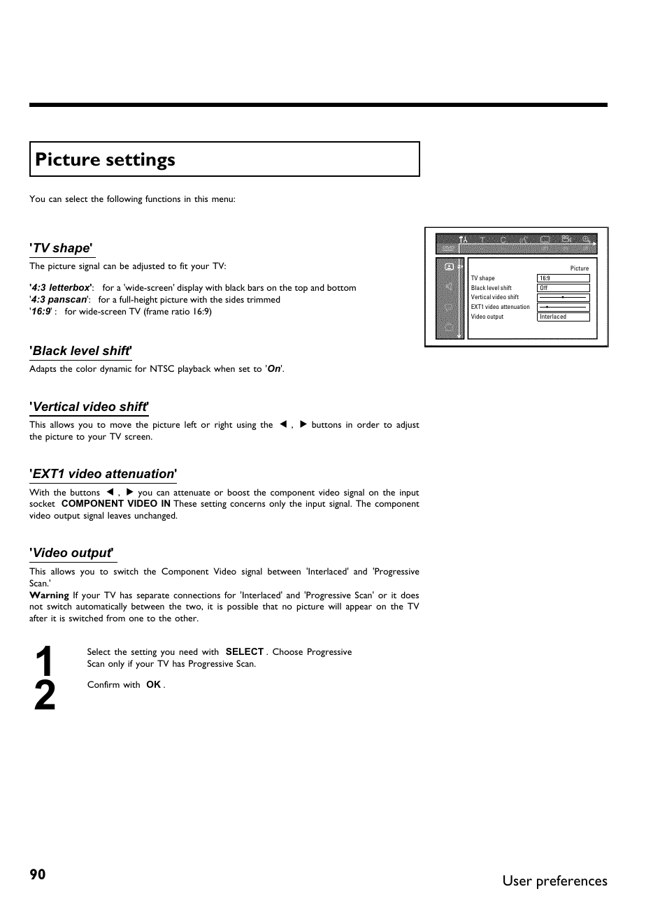 Picture settings, User preferences | Philips DVDR3370H User Manual | Page 102 / 122