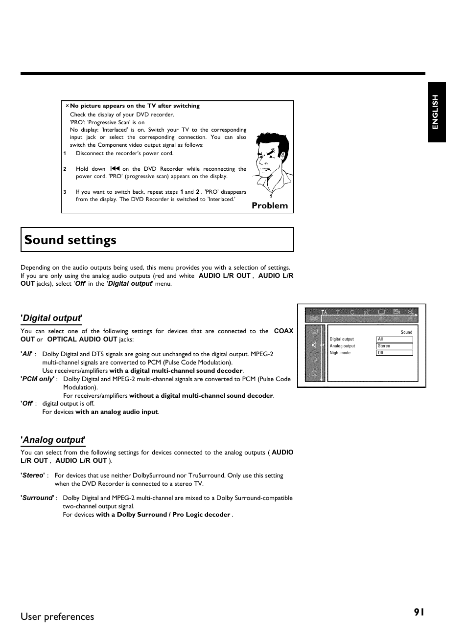 Sound settings, User preferences, Problem | Digital output, Analog output | Philips DVDR3370H User Manual | Page 103 / 122