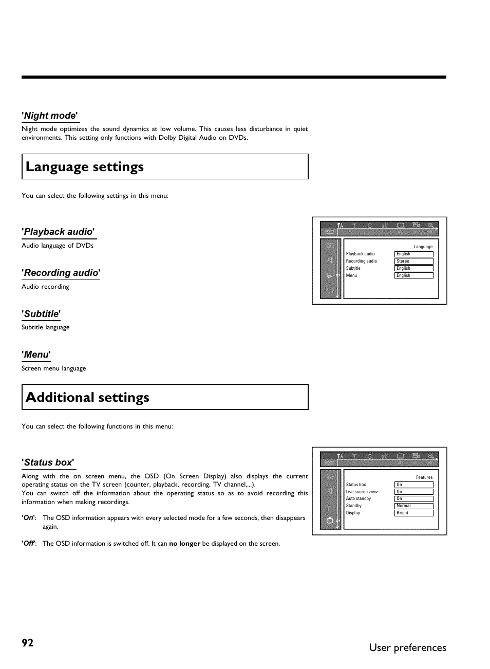 Language settings, Additional settings, User preferences | Night mode, Playback audio, Recording audio, Subtitle, Menu, Status box | Philips DVDR3370H User Manual | Page 104 / 122