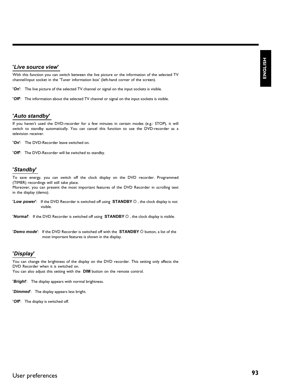 User preferences, Live source view, Auto standby | Standby, Display | Philips DVDR3370H User Manual | Page 105 / 122