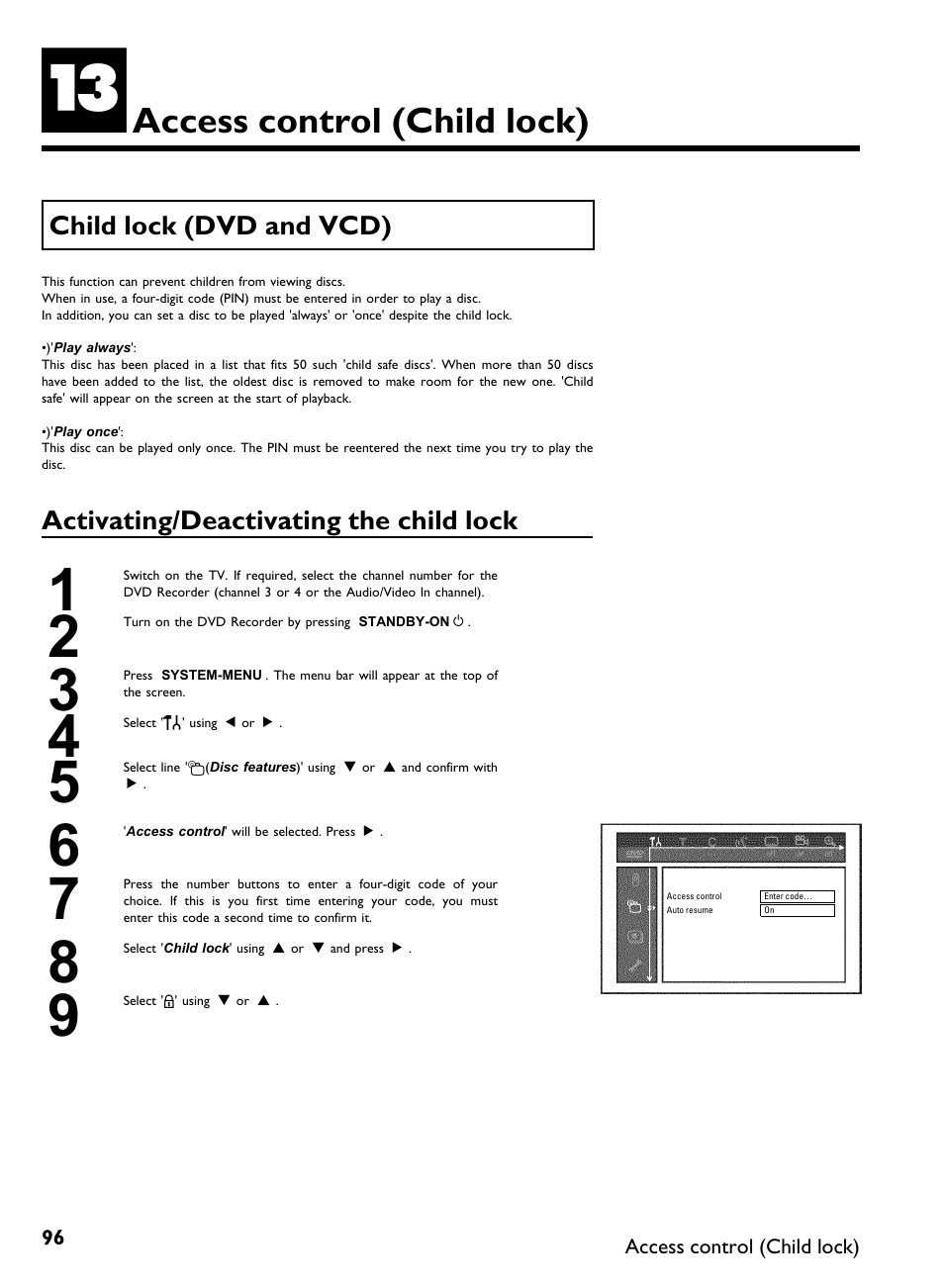 Access control (child lock) | Philips DVDR3370H User Manual | Page 108 / 122