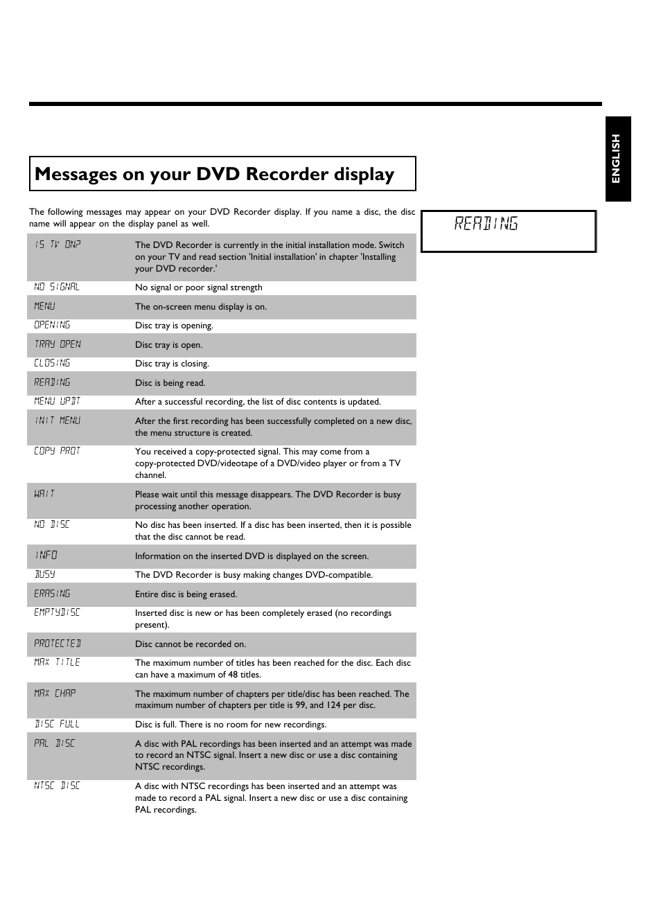 Messages on your dvd recorder display, Reading | Philips DVDR3370H User Manual | Page 11 / 122