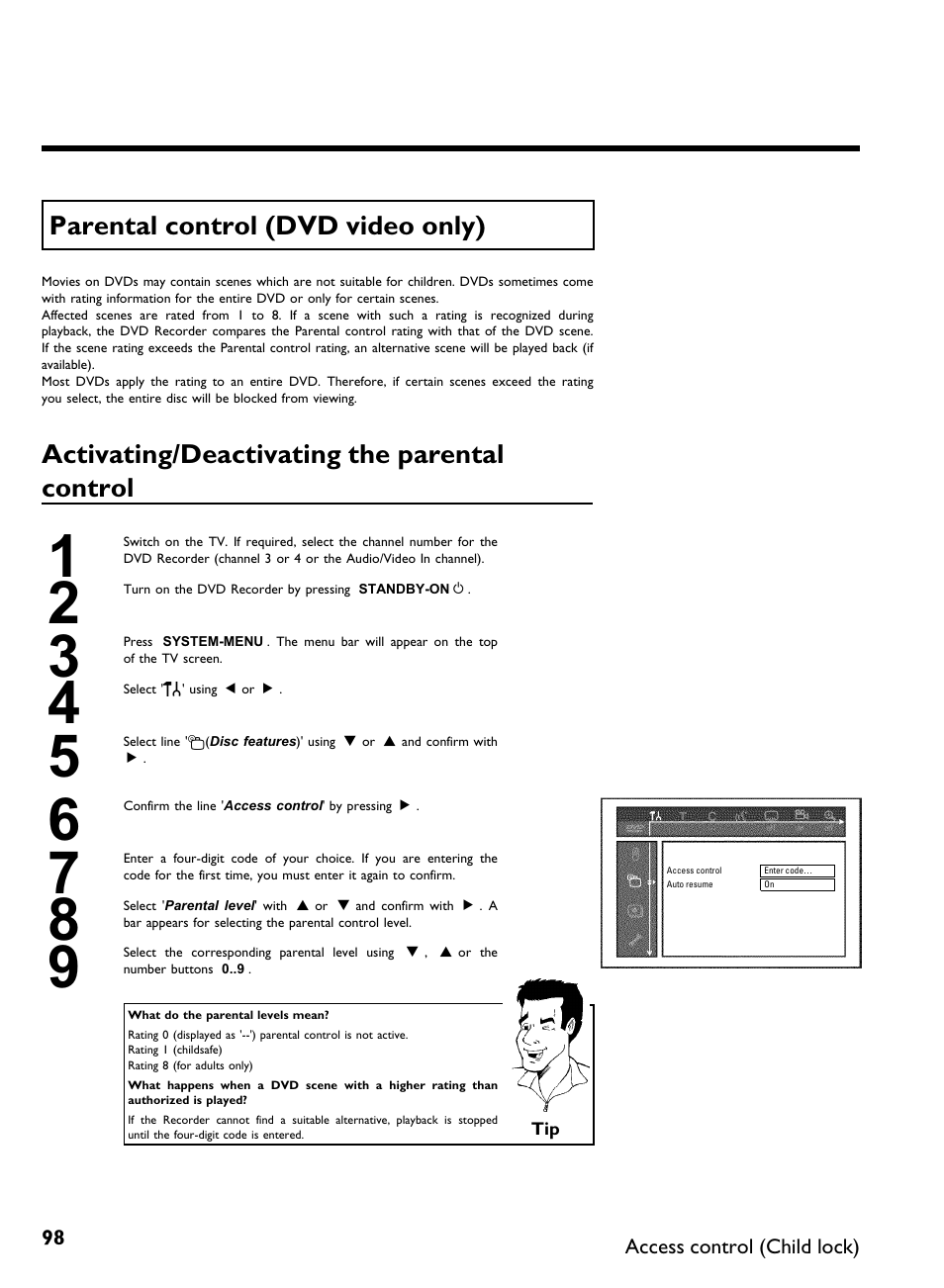 Parental control (dvd video only), Activating/deactivating the parental control | Philips DVDR3370H User Manual | Page 110 / 122