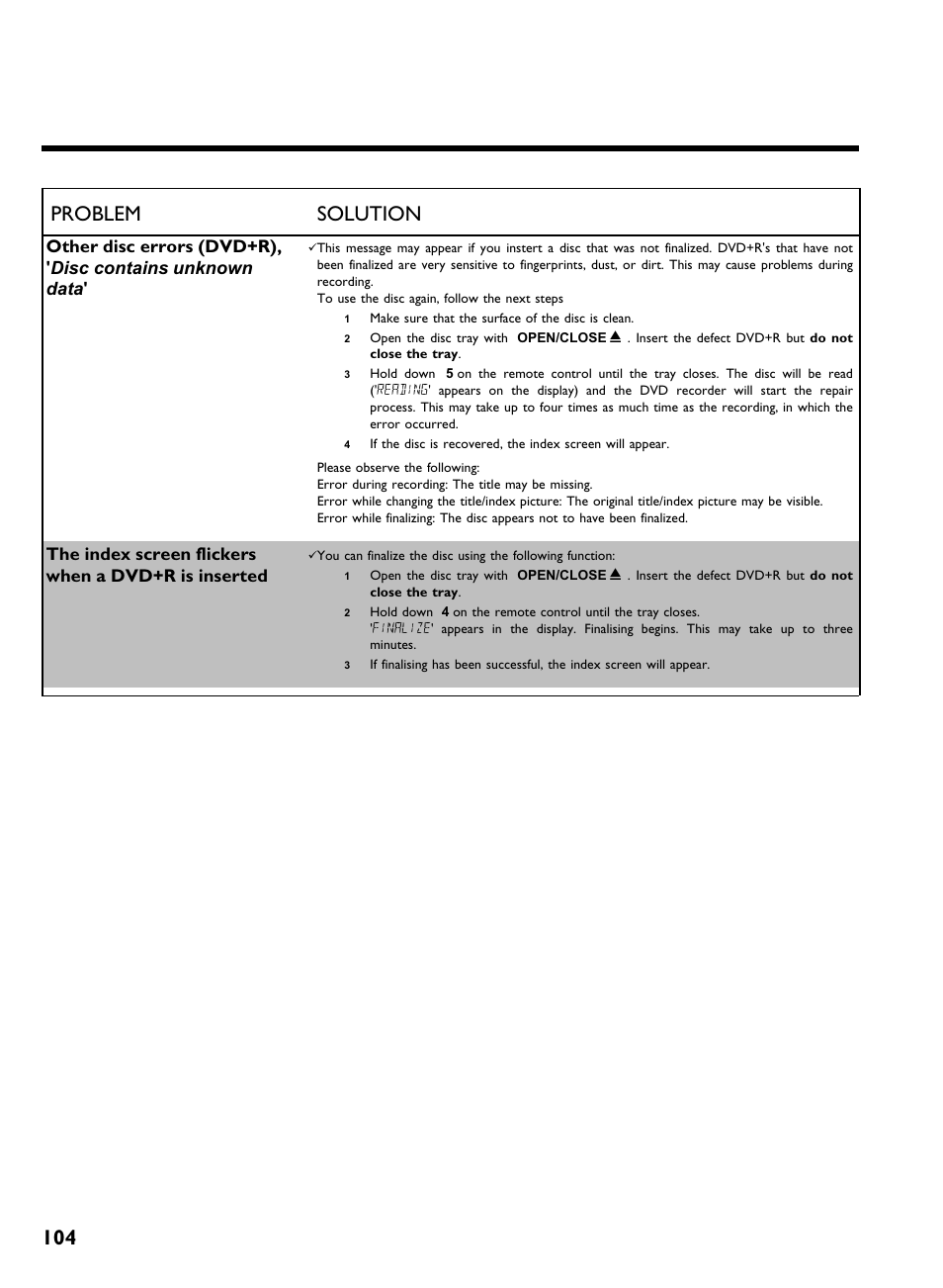 104 problem solution, The index screen flickers when a dvd+r is inserted | Philips DVDR3370H User Manual | Page 116 / 122