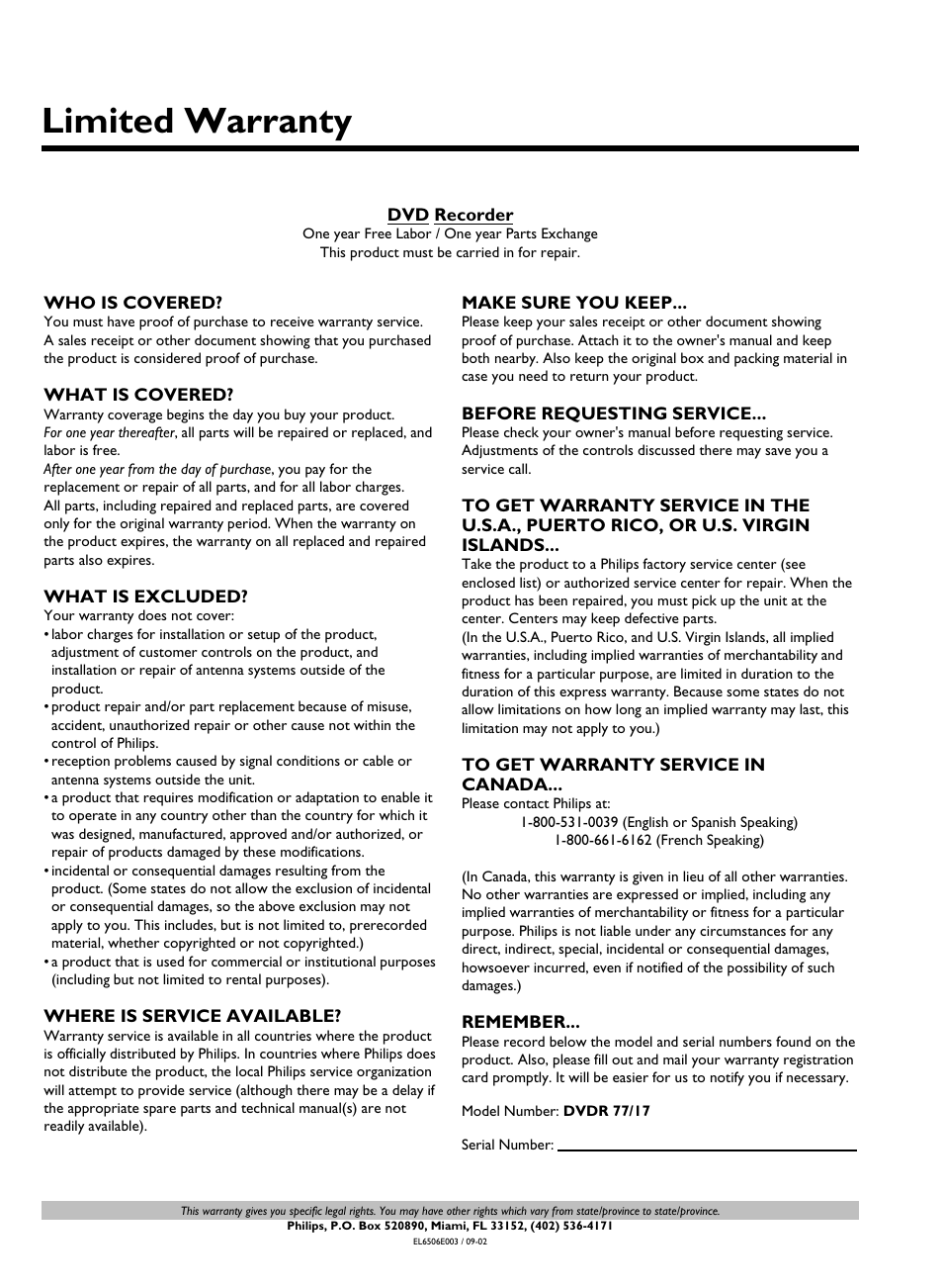 Limited warranty | Philips DVDR3370H User Manual | Page 117 / 122