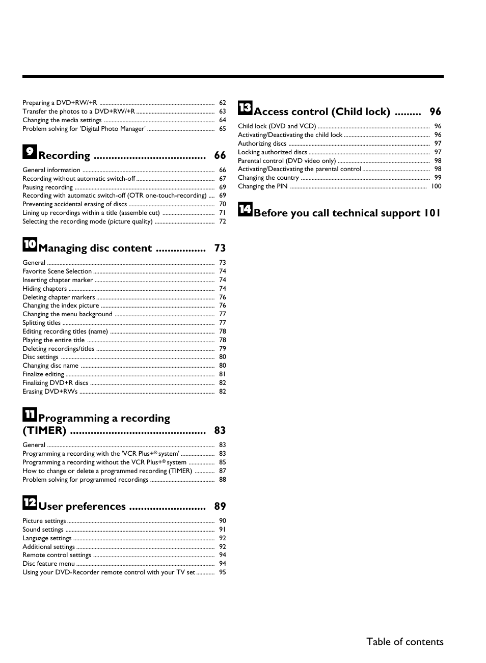 Recording 66, Managing disc content 73, Programming a recording (timer) 83 | User preferences 89, Access control (child lock) 96 | Philips DVDR3370H User Manual | Page 14 / 122