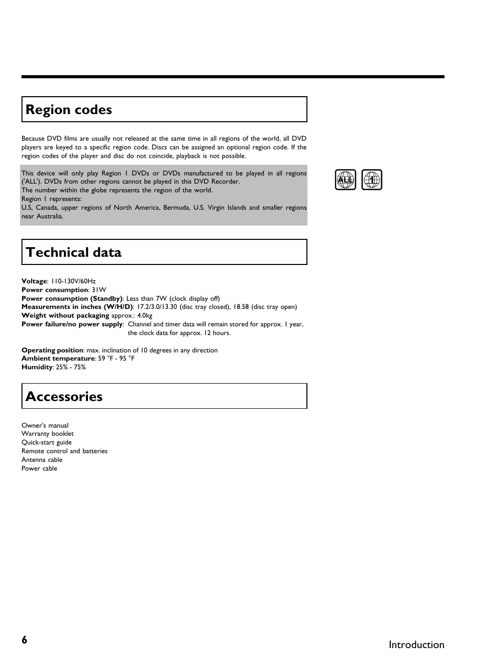 Region codes, Technical data, Accessories | Philips DVDR3370H User Manual | Page 18 / 122