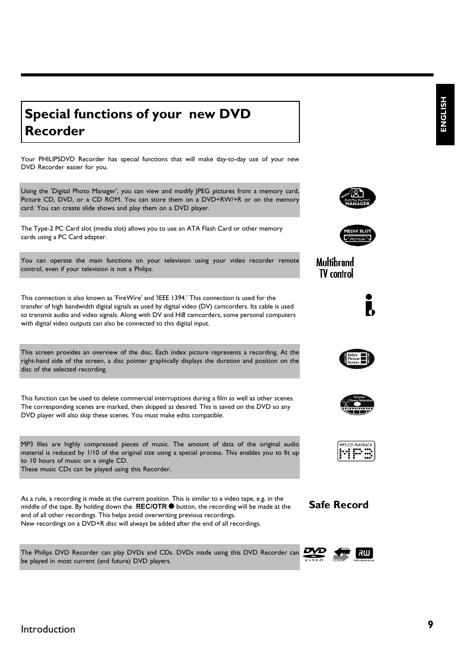 Special functions of your new dvd recorder, Introduction | Philips DVDR3370H User Manual | Page 21 / 122