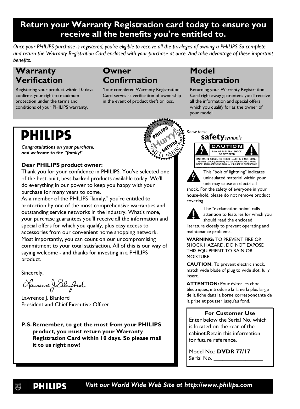 Warranty verification, Owner confirmation, Model registration | Safety | Philips DVDR3370H User Manual | Page 3 / 122