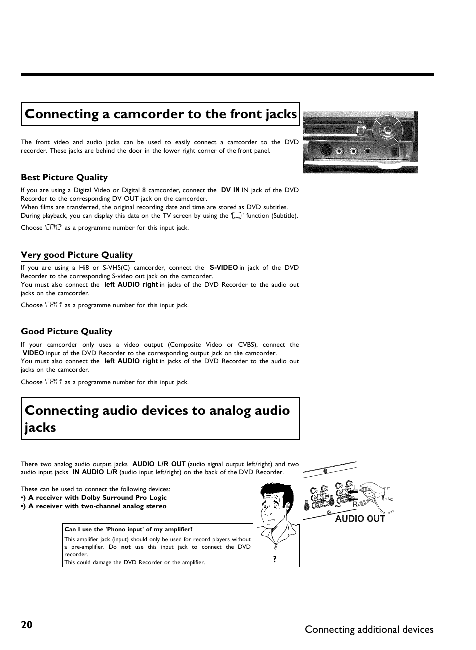 Connecting a camcorder to the front jacks, Connecting audio devices to analog audio jacks, Connecting additional devices | Philips DVDR3370H User Manual | Page 32 / 122