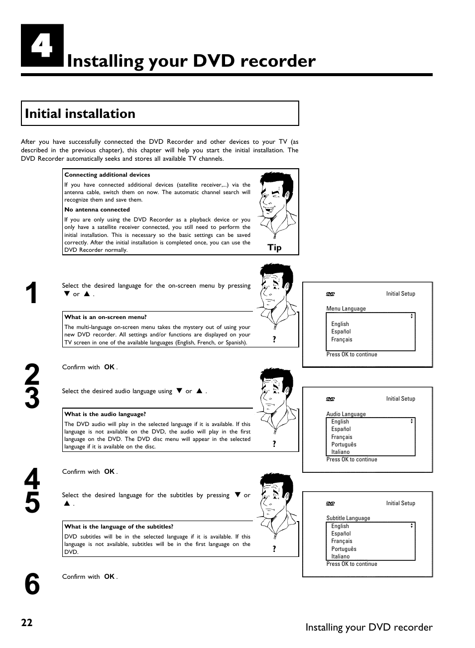 Installing your dvd recorder, Initial installation | Philips DVDR3370H User Manual | Page 34 / 122