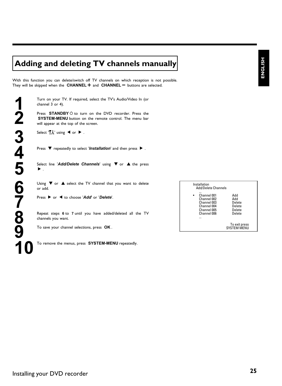 Adding and deleting tv channels manually | Philips DVDR3370H User Manual | Page 37 / 122