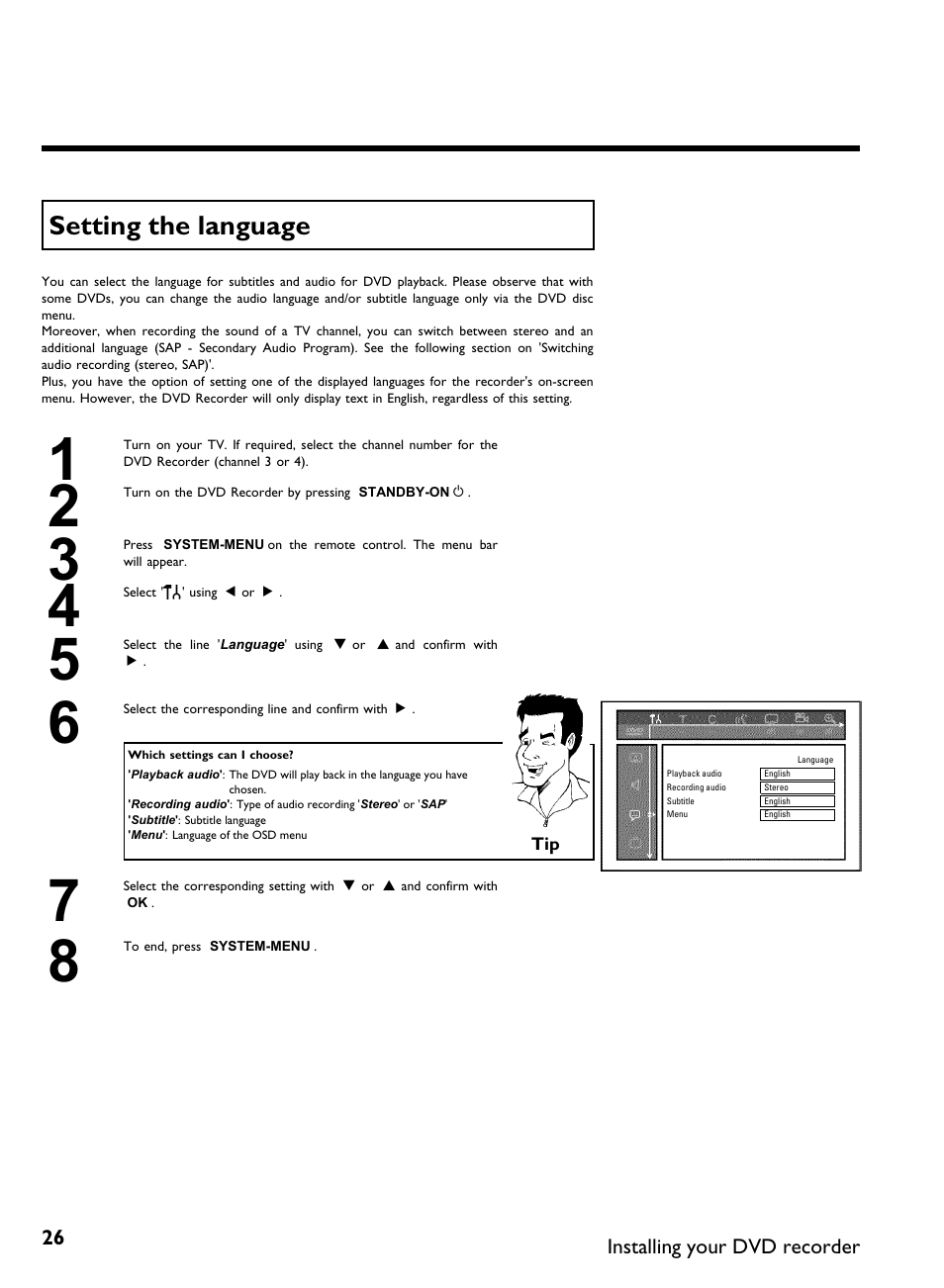 Setting the language | Philips DVDR3370H User Manual | Page 38 / 122