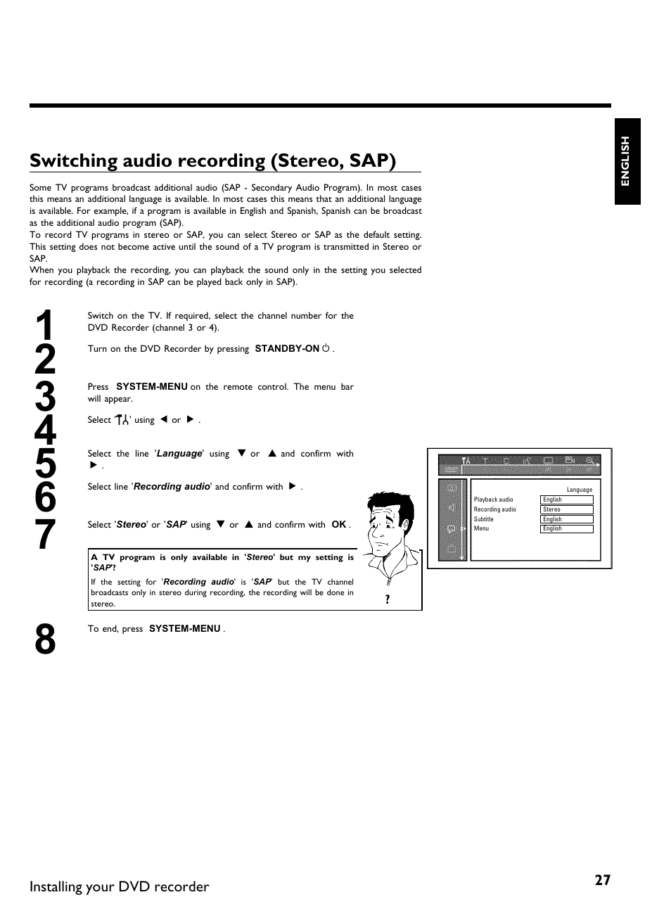 Switching audio recording (stereo, sap) | Philips DVDR3370H User Manual | Page 39 / 122