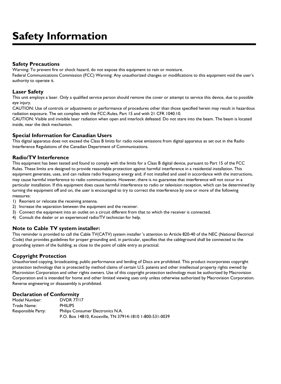 Safety information | Philips DVDR3370H User Manual | Page 4 / 122