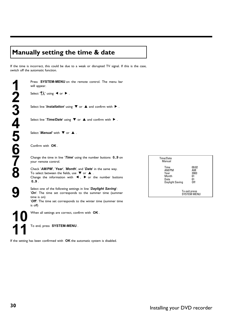 Manually setting the time & date | Philips DVDR3370H User Manual | Page 42 / 122