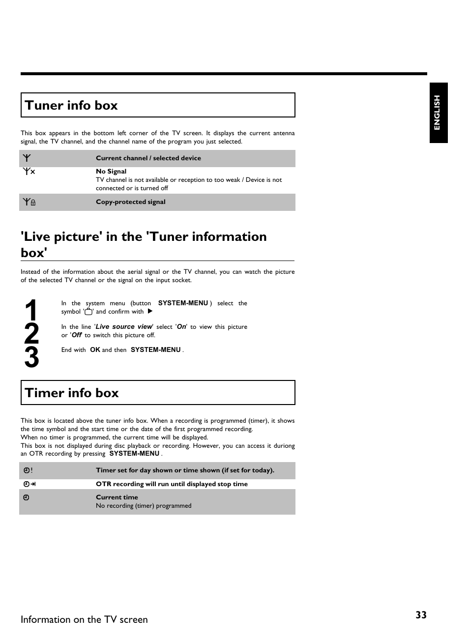 Tuner info box, Live picture' in the 'tuner information box, Timer info box | Philips DVDR3370H User Manual | Page 45 / 122