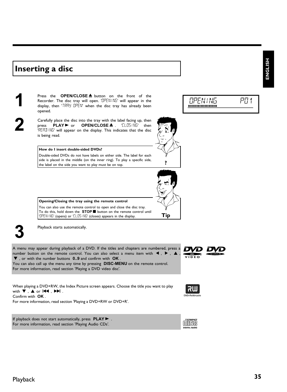 Inserting a disc, Opening p01, Playback | Philips DVDR3370H User Manual | Page 47 / 122