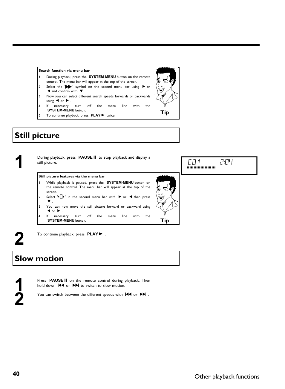 Still picture, Slow motion, Other playback functions | Philips DVDR3370H User Manual | Page 52 / 122