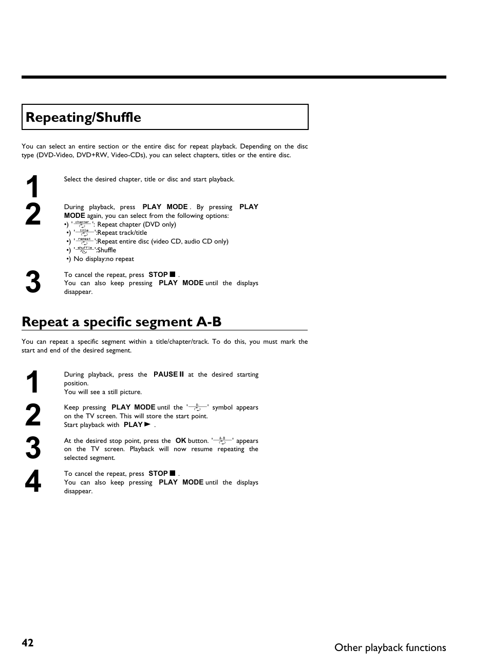 Repeating/shuffle, Repeat a specific segment a b | Philips DVDR3370H User Manual | Page 54 / 122