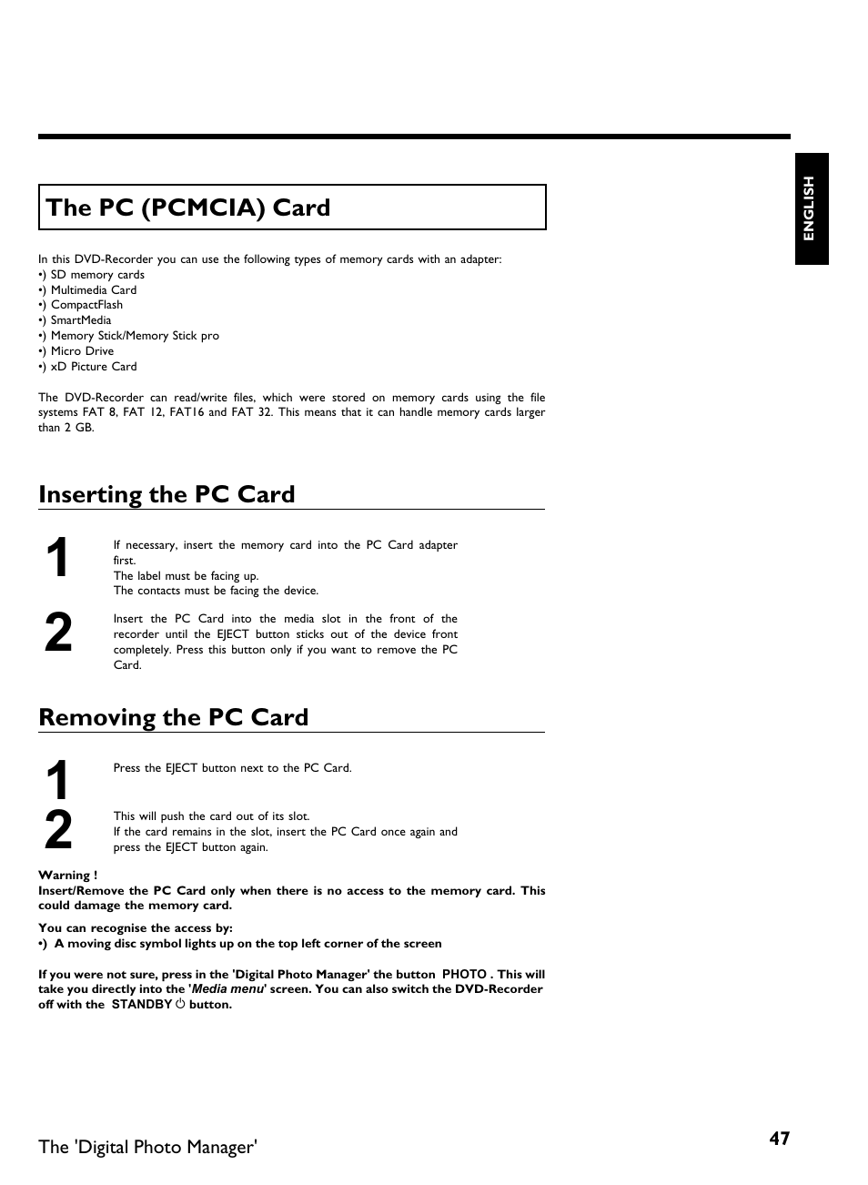 The pc (pcmcia) card, Inserting the pc card, Removing the pc card | Philips DVDR3370H User Manual | Page 59 / 122