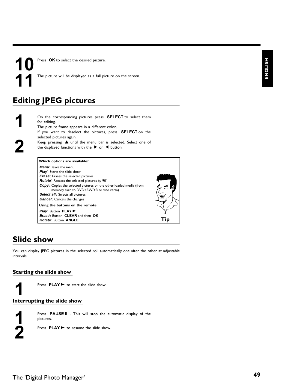 Editing jpeg pictures, Slide show | Philips DVDR3370H User Manual | Page 61 / 122