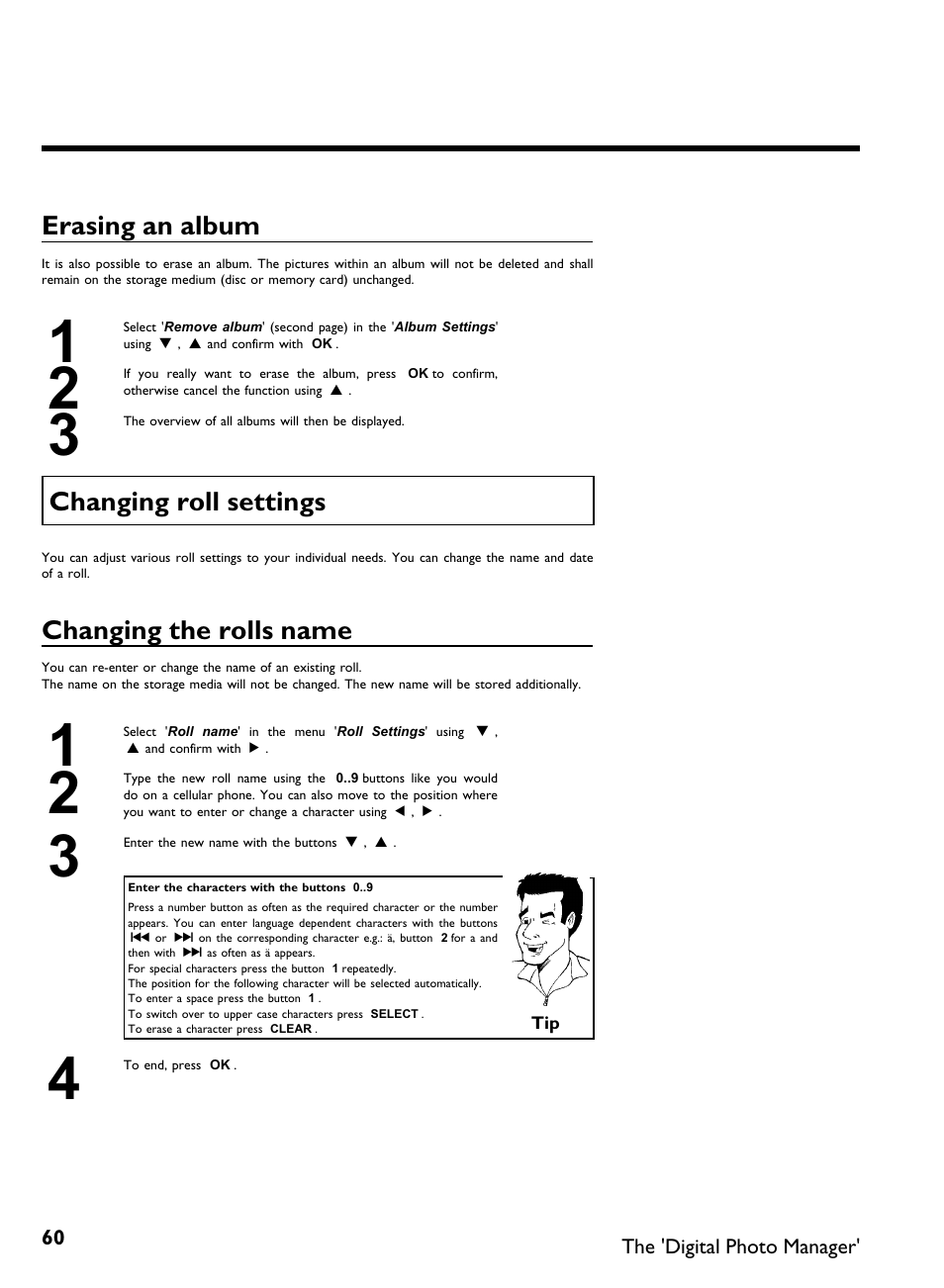 Erasing an album, Changing roll settings, Changing the rolls name | Philips DVDR3370H User Manual | Page 72 / 122