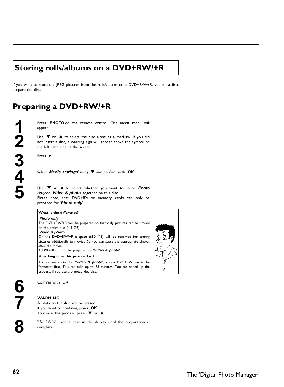 Storing rolls/albums on a dvd+rw/+r, Preparing a dvd+rw/+r | Philips DVDR3370H User Manual | Page 74 / 122