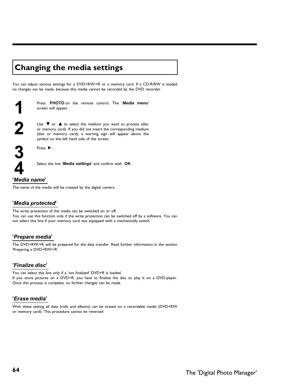 Changing the media settings | Philips DVDR3370H User Manual | Page 76 / 122