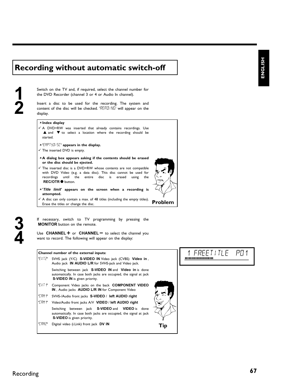 Recording without automatic switch off, 1 freetitle p01, Recording | Philips DVDR3370H User Manual | Page 79 / 122