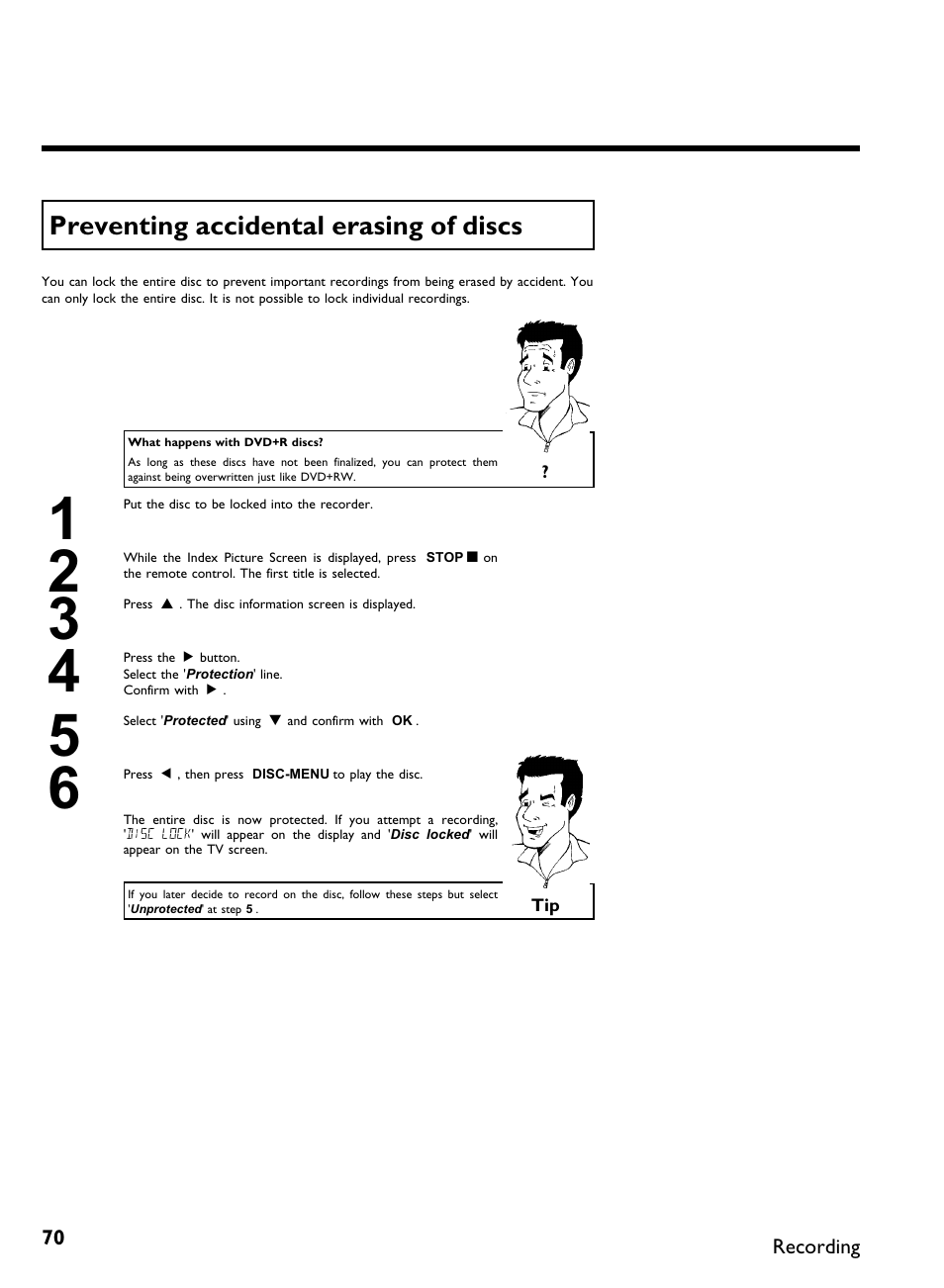 Preventing accidental erasing ofdiscs | Philips DVDR3370H User Manual | Page 82 / 122