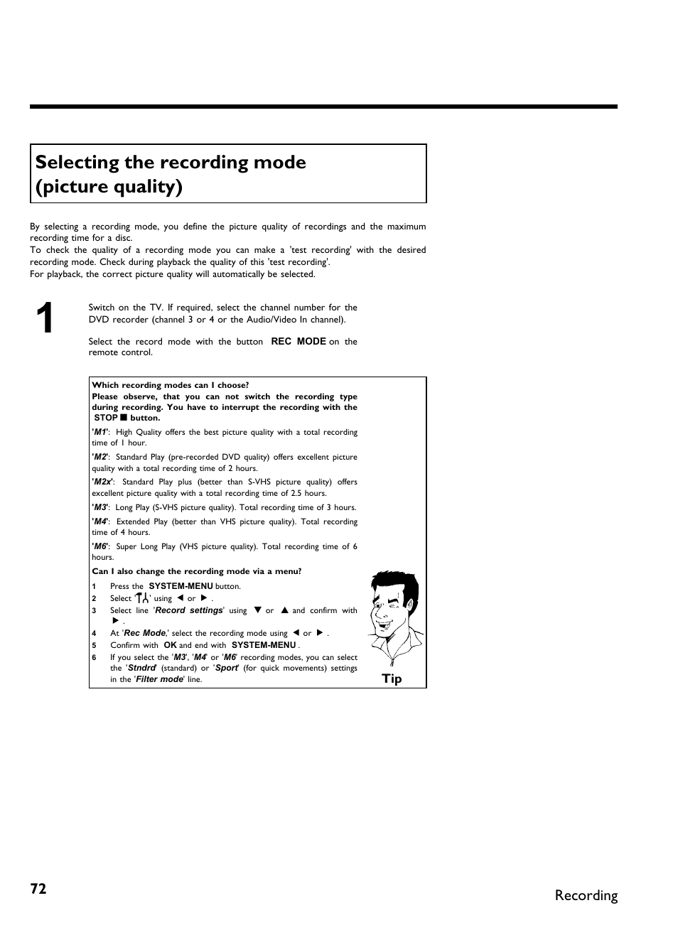 Selecting the recording mode (picture quality), Recording | Philips DVDR3370H User Manual | Page 84 / 122