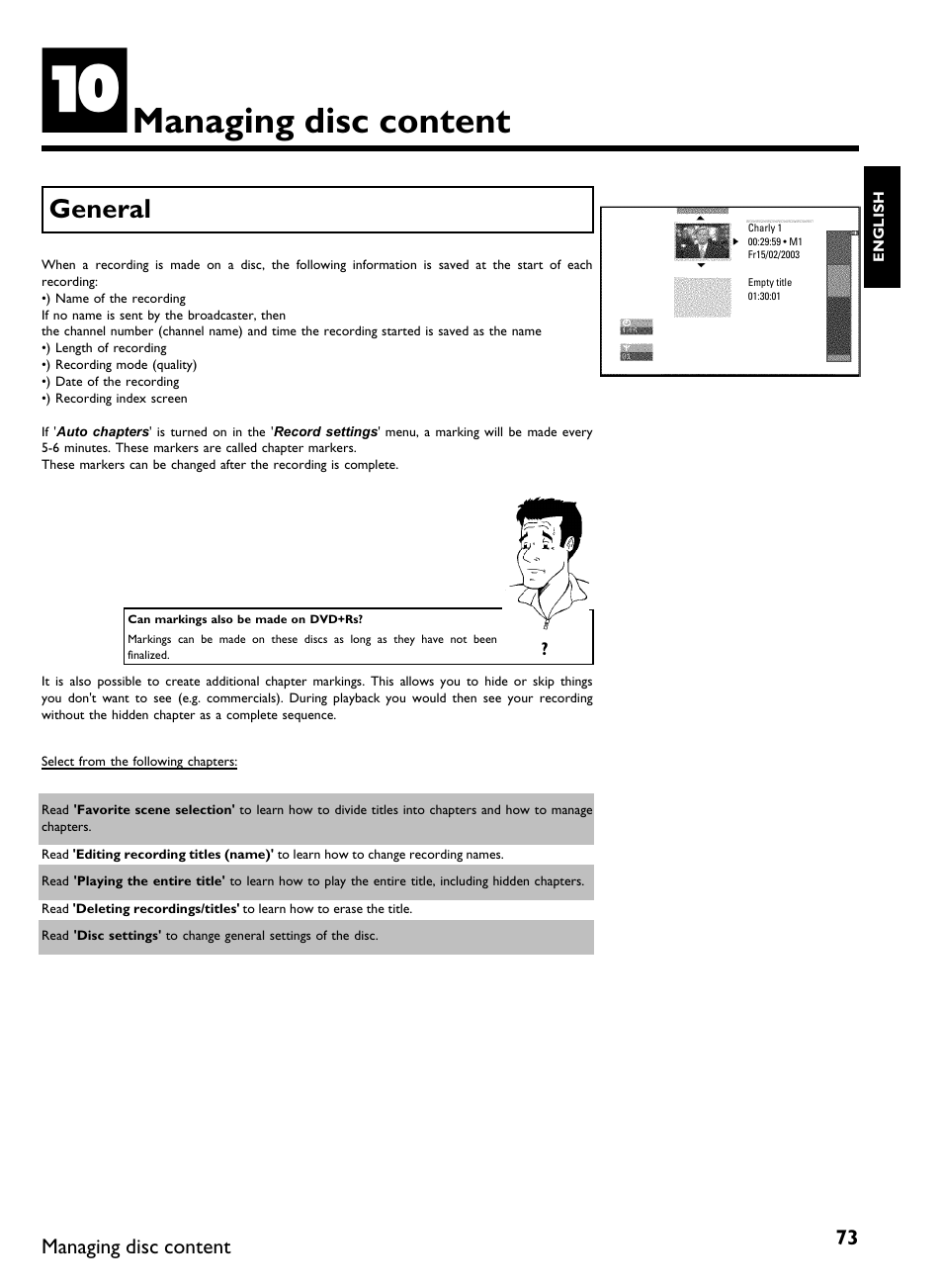 Managing disc content, General | Philips DVDR3370H User Manual | Page 85 / 122